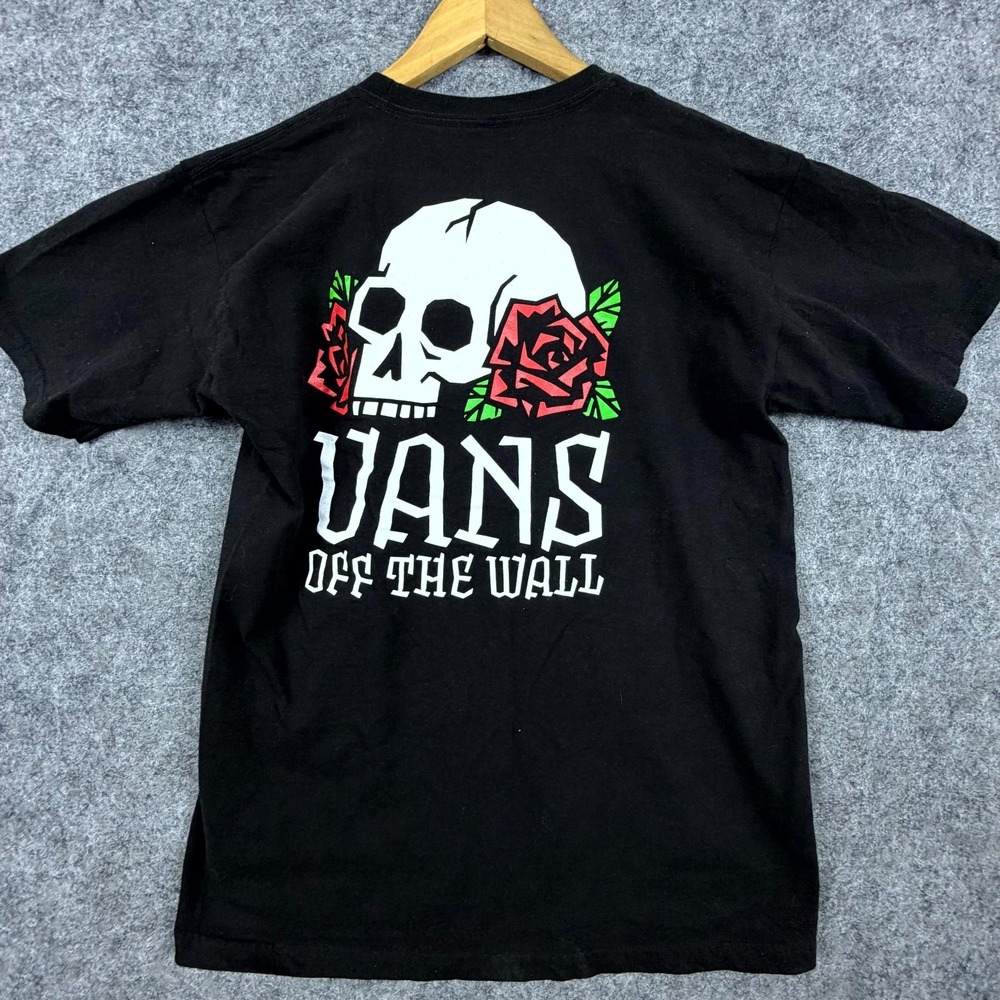 Vans T-Shirt Mens Medium Black Skull‎ Rose Off The Wall Graphic Crew Neck Casual